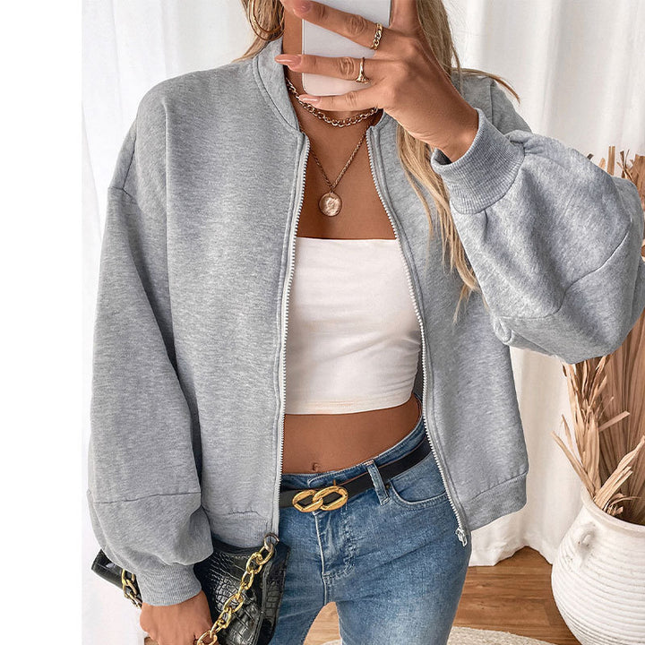 Damen Kurzgeschnittenes Bomber‑Sweatshirt mit Ballonärmeln und Reißverschluss Echoarchiv