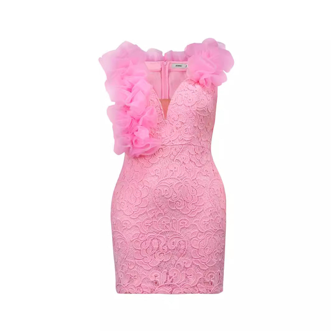 Damen Minimal Kleid mit luxuriöser Spitzenstickerei und Rüschen Echo Archiv