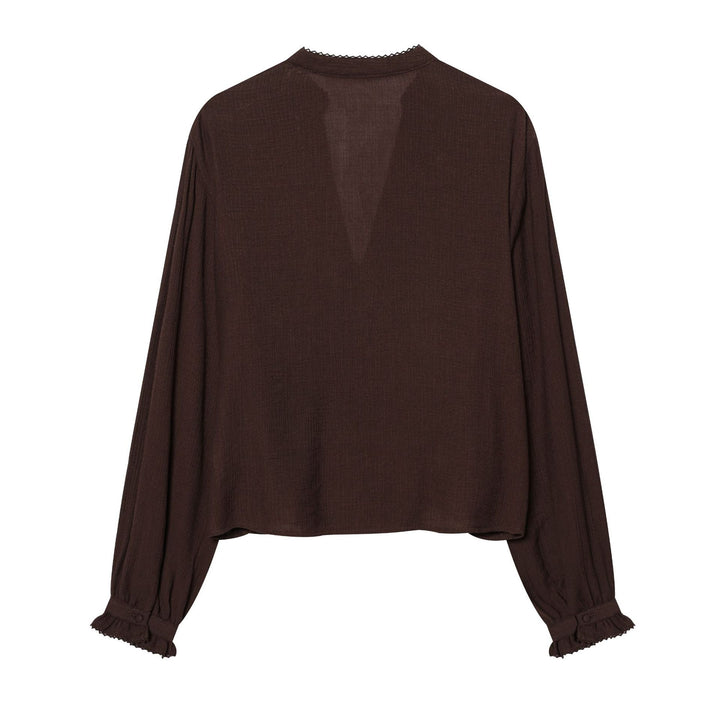 Damen leichte bestickte Baumwollbluse im Boho‑Stil mit Stehkragen, Zierknopfleiste und geraffter Empire‑Taille – Élovi