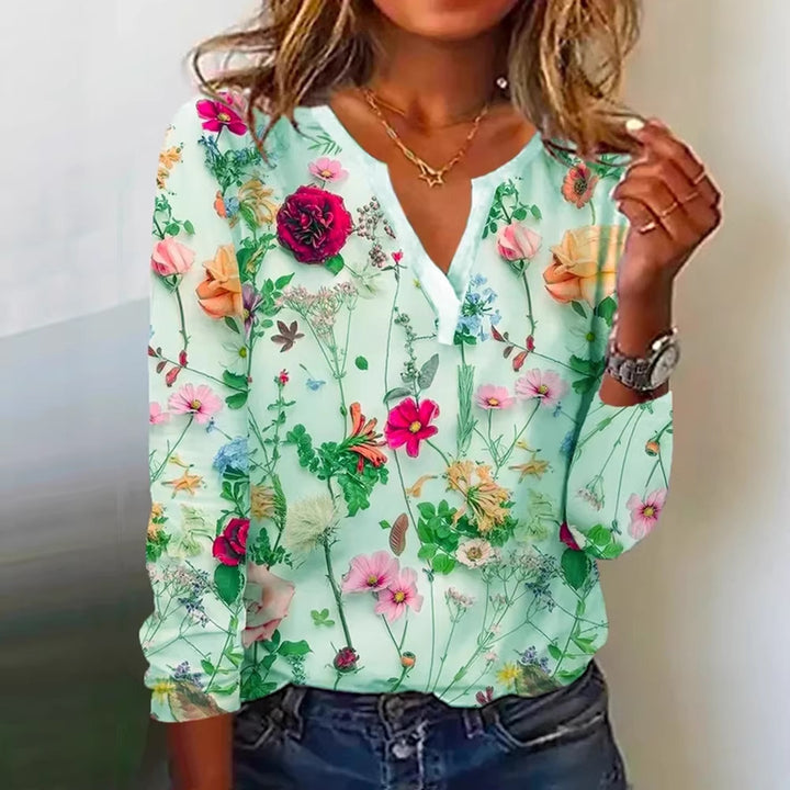 Damen Floral Lange Bluse im Chiffon-Look mit V-Schlitz und Lässiger Silhouette Echoarchiv