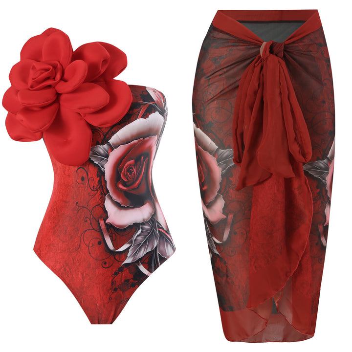 Damen Eleganter Badeanzug mit großem Blumen-Detail und transparentem Überrock Echo Archiv