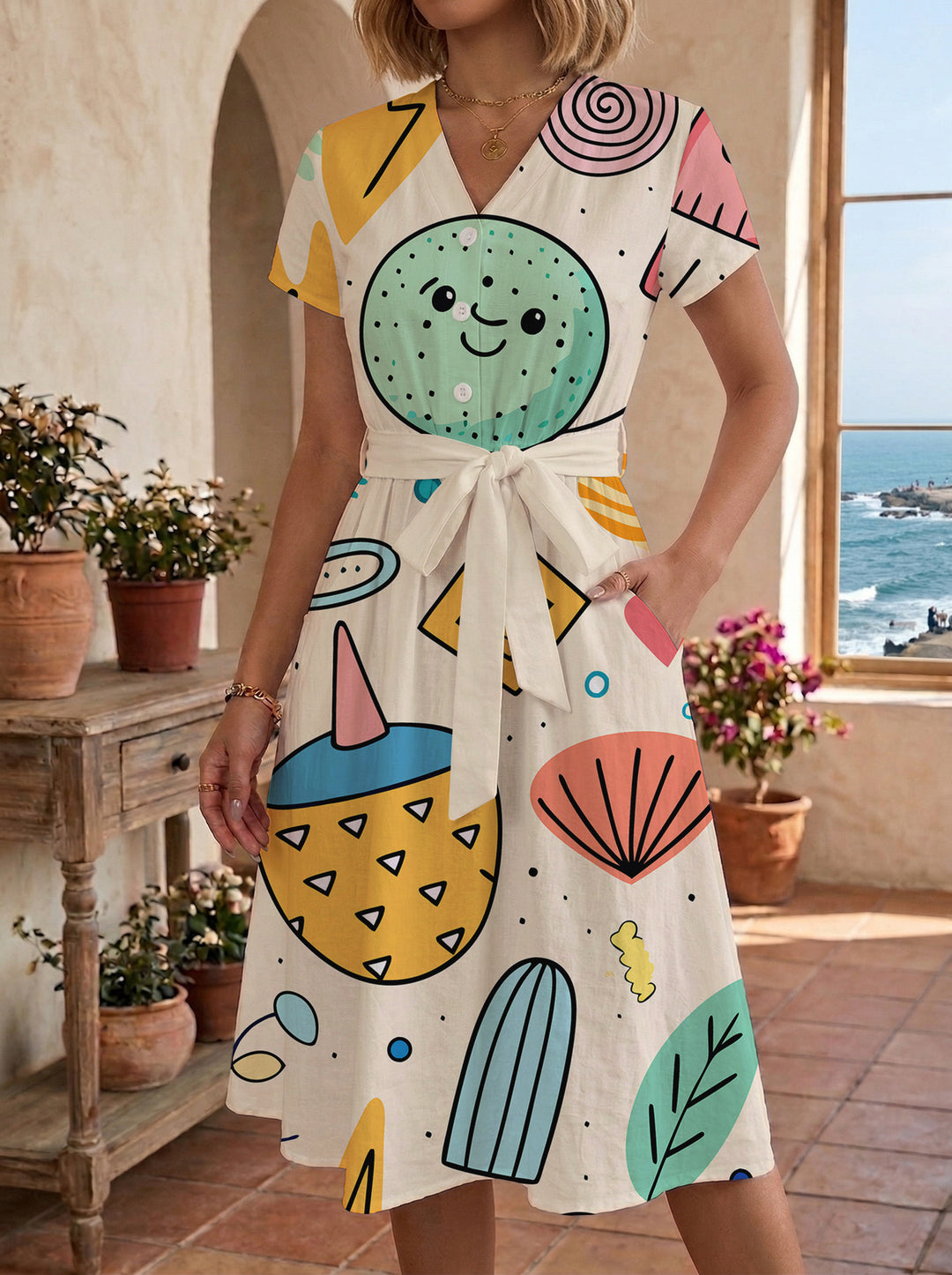 Damen Midikleid mit farbenfrohem Blumendesign und taillierbarem Bindegürtel Echo Archiv