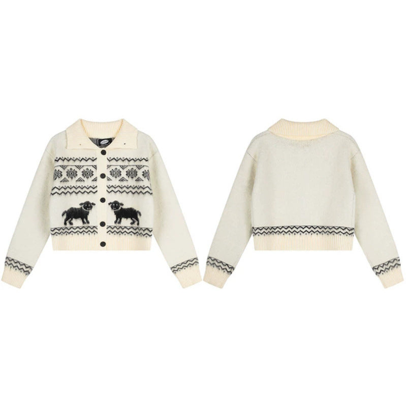 Damen Kurzgeschnittene Strickjacke im Norweger-Jacquard mit Reverskragen und Knopfverschluss Echoarchiv