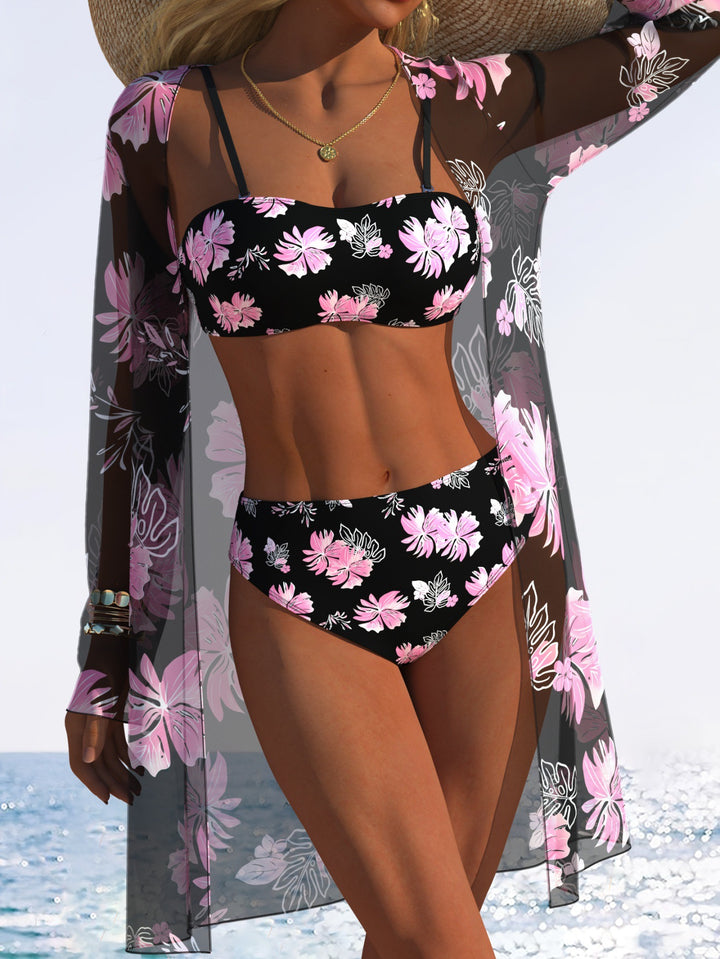 Damen Bikini-Set mit floralem Design und transparenter Strandjacke Echo Archiv