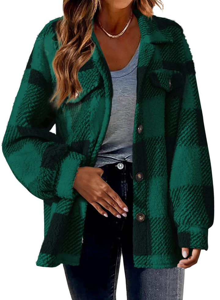Damen nan kuschelige Sherpa-Karo-Übergangsjacke mit Brusttaschen und großzügigem Oversize-Schnitt Echo Archiv
