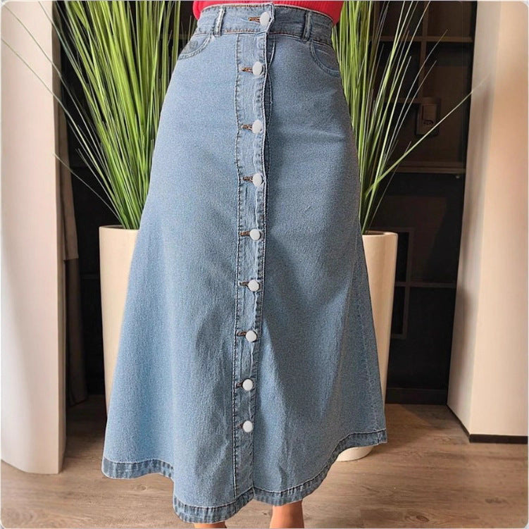 Damen A-Linien Denim-Midirock mit taillenhohem Bund und durchgehender Knopfleiste Echo Archiv