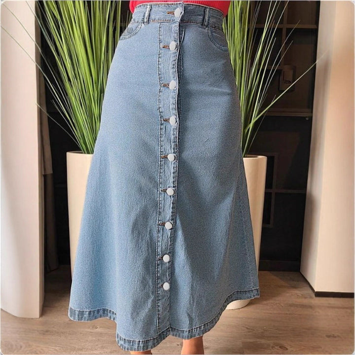 Damen A-Linien Denim-Midirock mit taillenhohem Bund und durchgehender Knopfleiste Echo Archiv