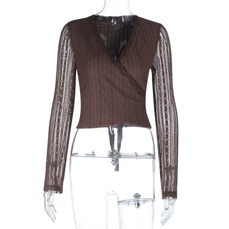 Damen elegantes Wickeloberteil mit transparenten Ärmeln und raffinierter Rüsche Echo Archiv