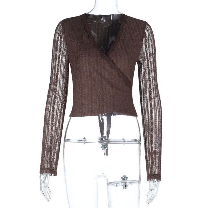 Damen elegantes Wickeloberteil mit transparenten Ärmeln und raffinierter Rüsche Echo Archiv