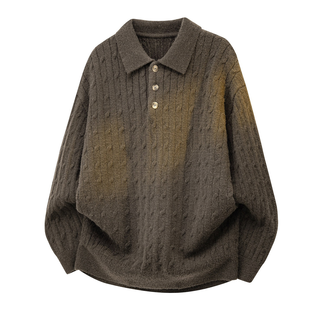 Herren Grobgestrickter Oversize-Polo-Pullover mit Knopfleiste & Zopfmuster Echoarchiv