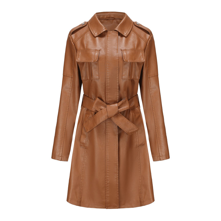 Damen nan langer Kunstleder-Trenchcoat mit Taillengürtel und Schulterriegeln Echo Archiv