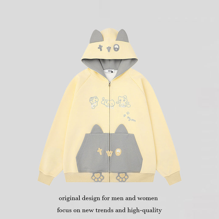 Damen Kapuzen-Sweatjacke mit Ohren, durchgehendem Reißverschluss, Kängurutasche mit Pfoten‑Applikation und verspielten Stickereien Echoarchiv