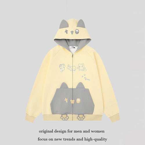 Damen Kapuzen-Sweatjacke mit Ohren, durchgehendem Reißverschluss, Kängurutasche mit Pfoten‑Applikation und verspielten Stickereien Echoarchiv