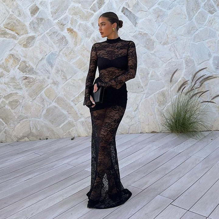Damen Spitzenmaxikleid mit transparentem Langarmdesign und figurformendem Schnitt Echo Archiv