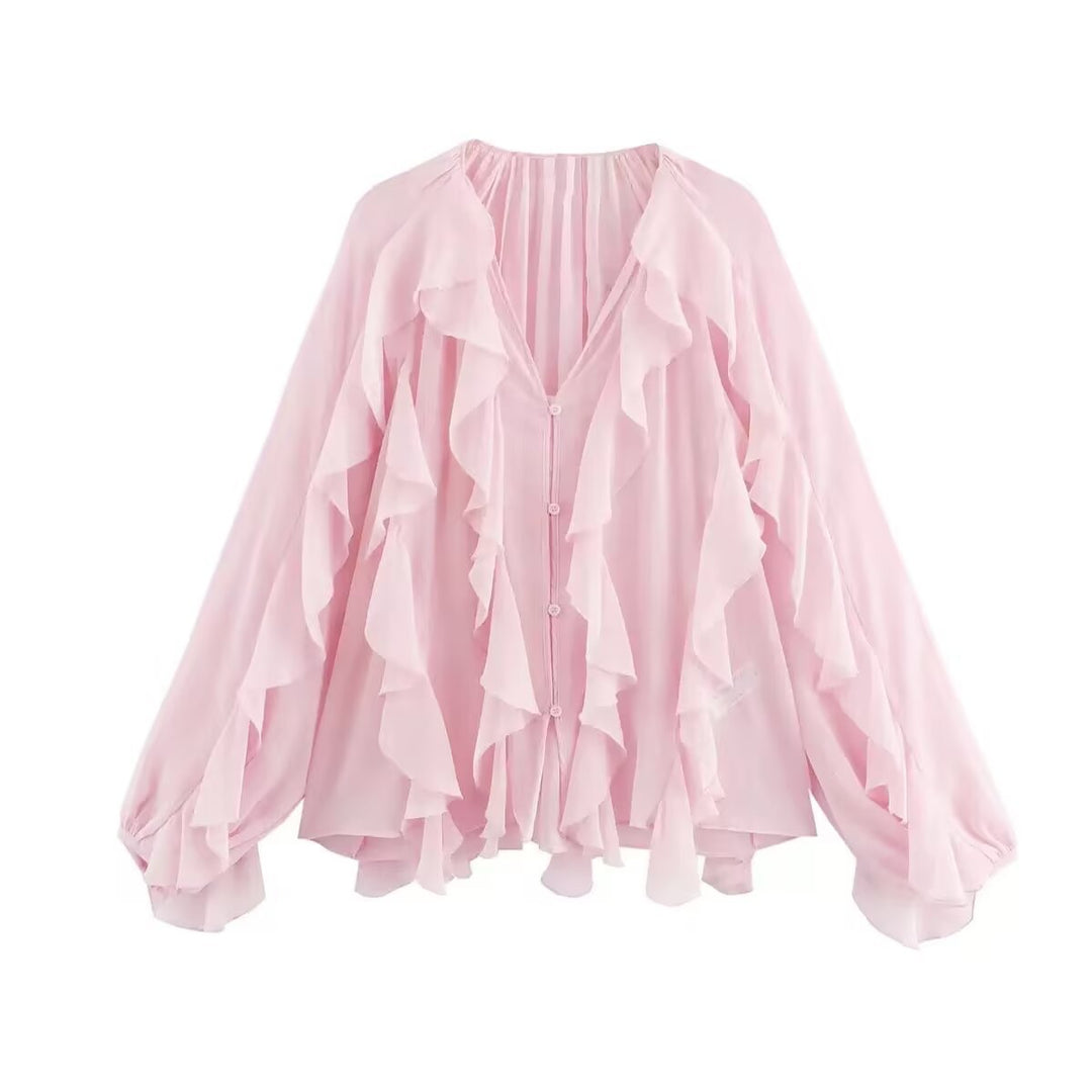 Damen Volant-Chiffonbluse mit Knopfleiste, gerafftem Ausschnitt und Ballonärmeln Echo Archiv