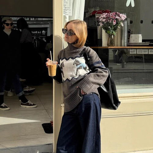 Damen Oversize-Rollkragenpullover mit Norweger-Intarsien und gerippten Bündchen Echoarchiv