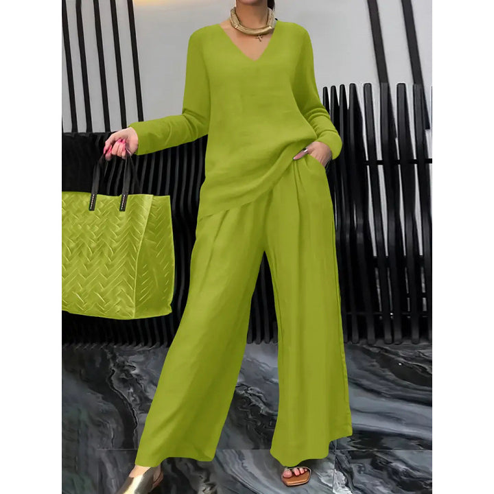 Damen Feiner V-Ausschnitt Strickpullover mit fließender Palazzo-Hose Echo Archiv