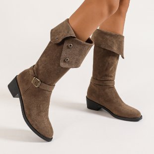 Damen kniehohe Velourslederstiefel mit niedrigem Blockabsatz und Zierriemen – Lioré