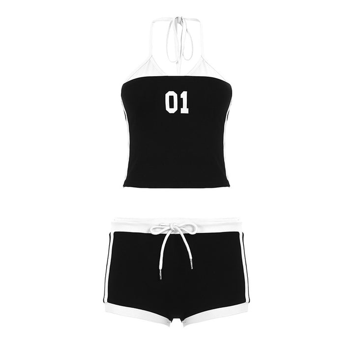 Damen sportliches Crop-Top und Shorts Set mit dekorativem Bindeband Echo Archiv