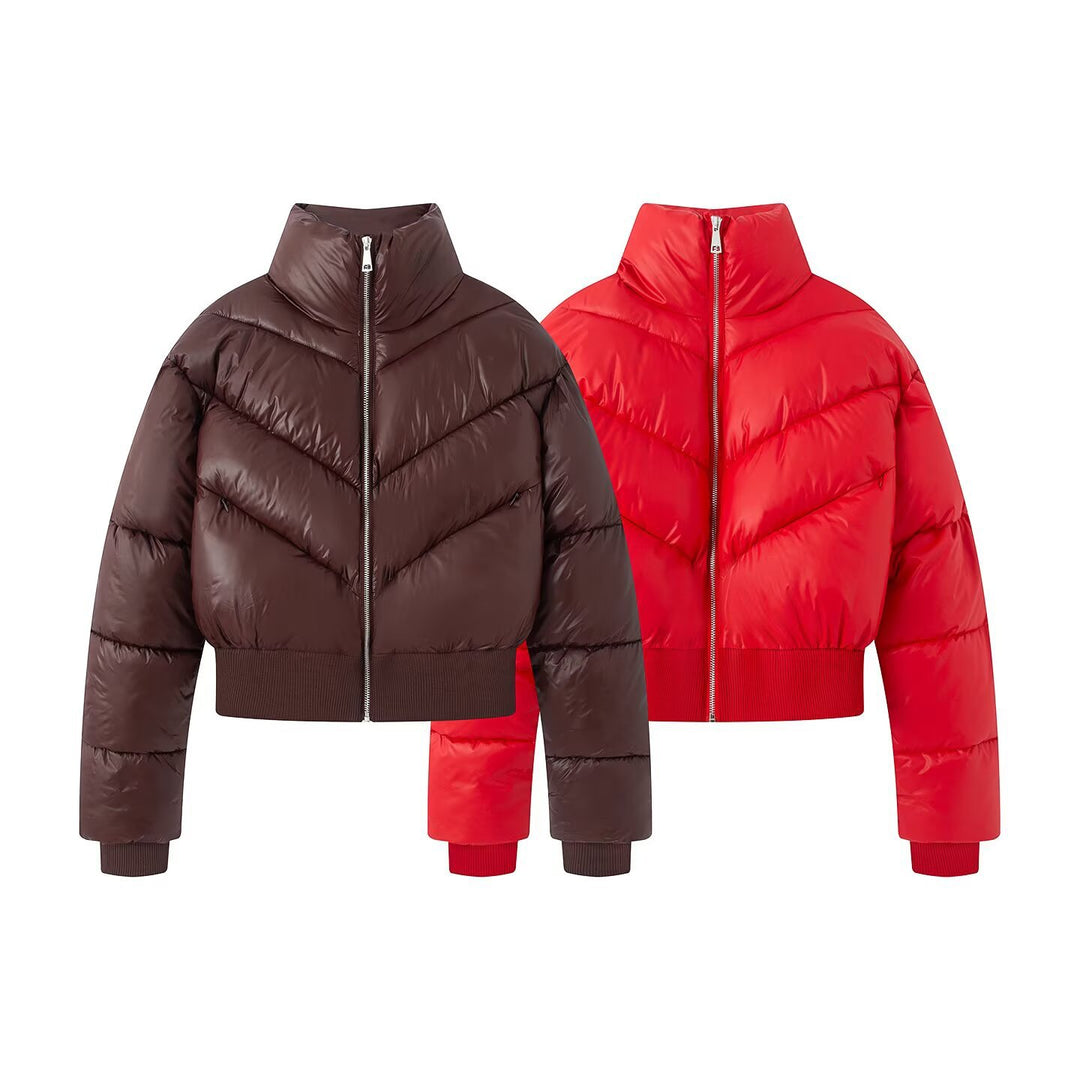 Damen Cropped Pufferjacke mit hohem Stehkragen und breitem Rippenbund Echoarchiv