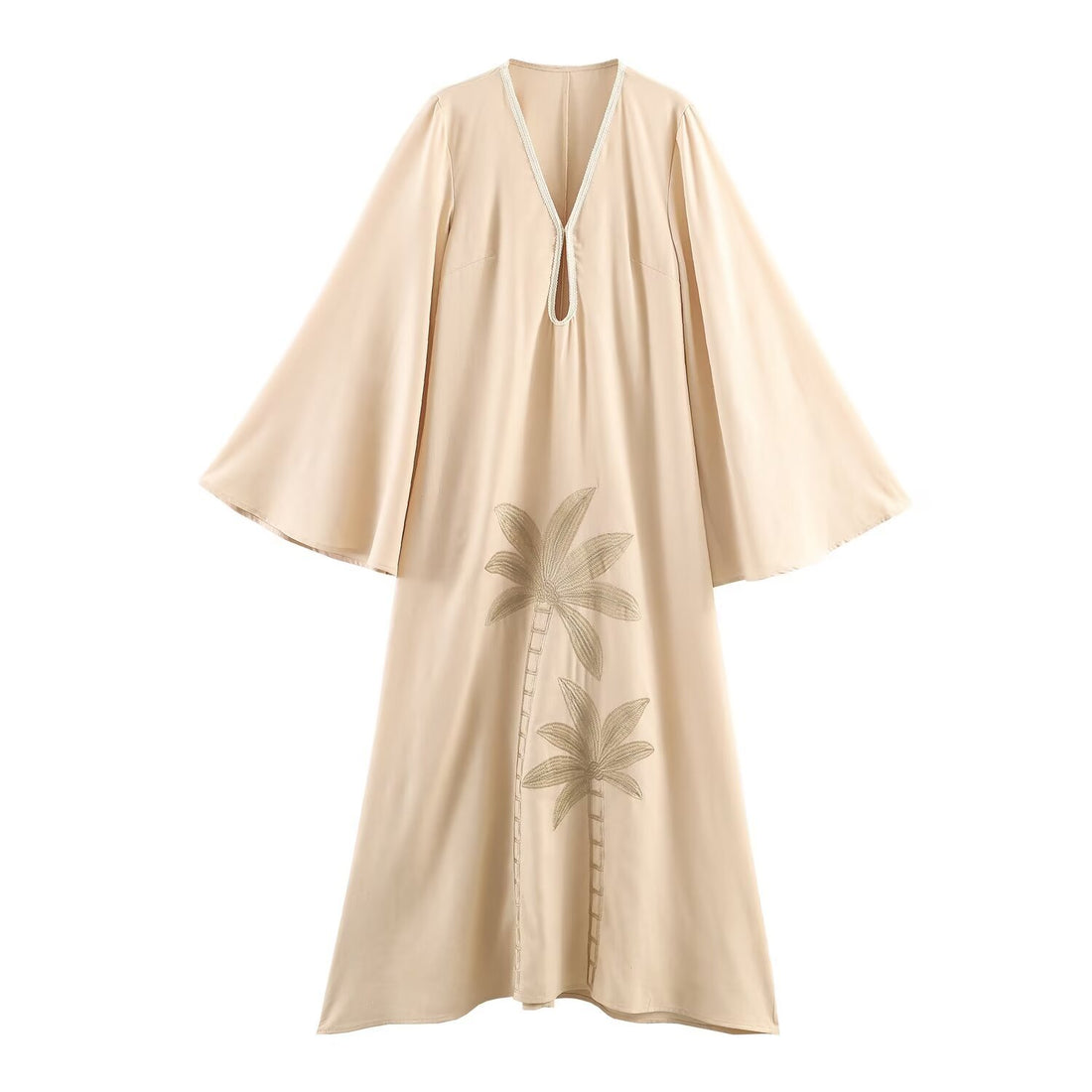 Damen Maxikleid-Kaftan mit Trompetenärmeln und Palmenstickerei Echoarchiv