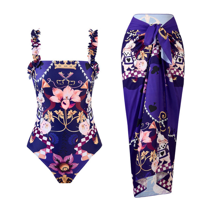 Damen Einteiler Badeanzug mit verspieltem Blumendesign und passendem Strandrock Echo Archiv