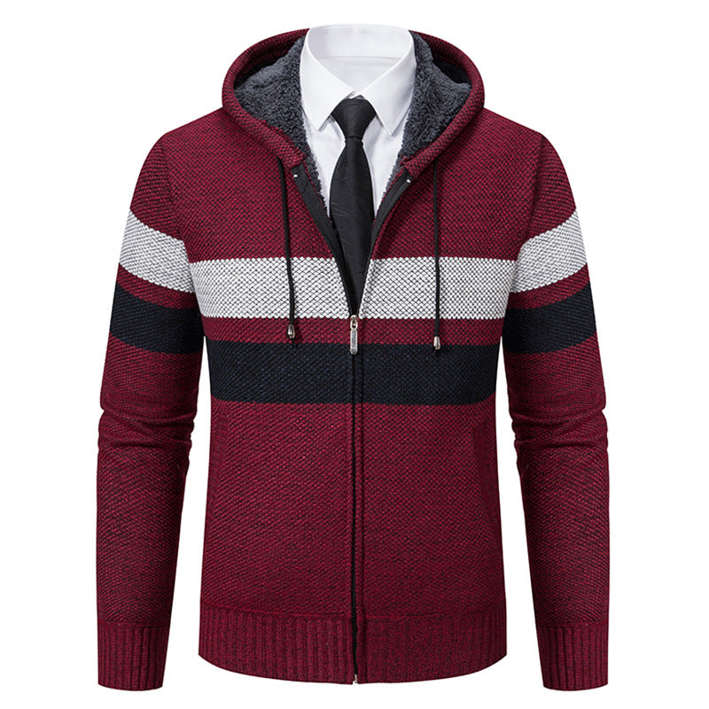 Herren nan gefütterte Kapuzen-Strickjacke mit Teddyfutter, durchgehendem Reißverschluss und kontrastierenden Streifen Echo Archiv
