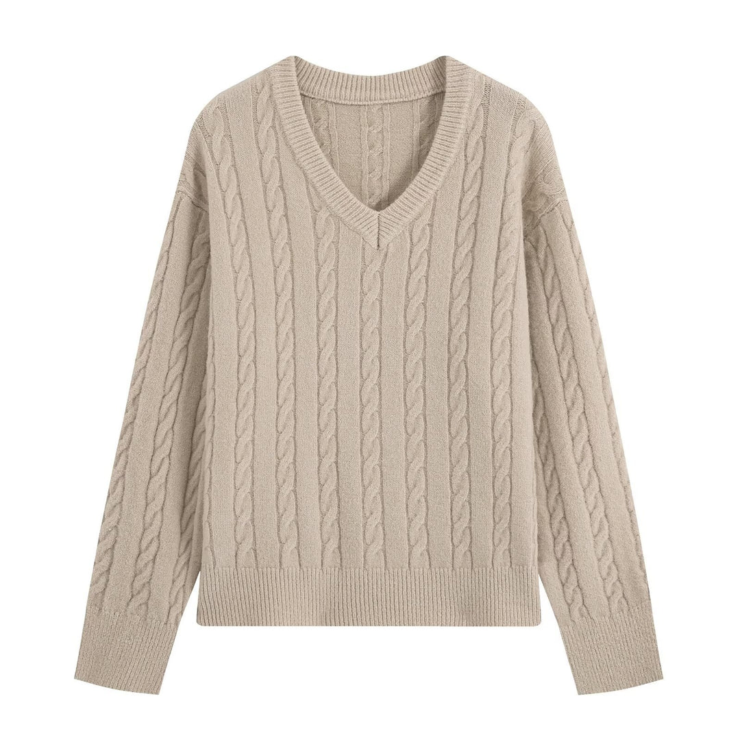 Damen Oversize Zopfmuster-Pullover mit V-Ausschnitt und breitem Rippbündchen Echoarchiv