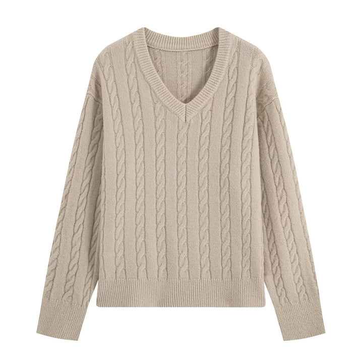 Damen Oversize Zopfmuster-Pullover mit V-Ausschnitt und breitem Rippbündchen Echoarchiv