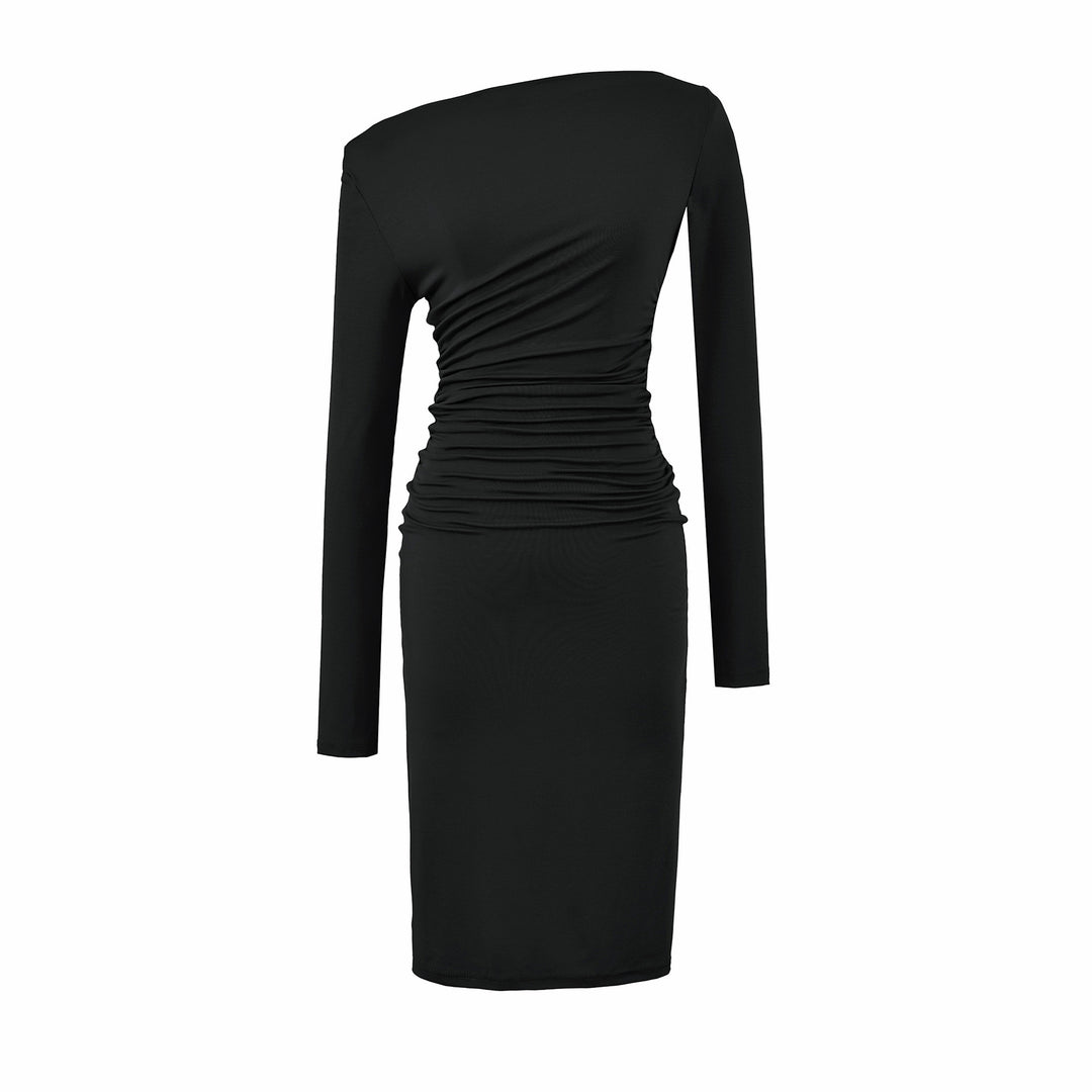 Damen Asymmetrisches Ein-Schulter-Midikleid mit Raffung und Langarm Echoarchiv