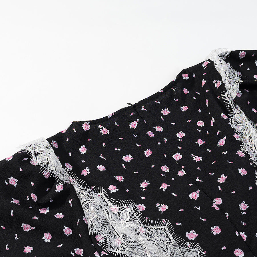 Damen Maxikleid mit Spitzeneinsatz, langen Ärmeln und floralem Allover-Print Echoarchiv