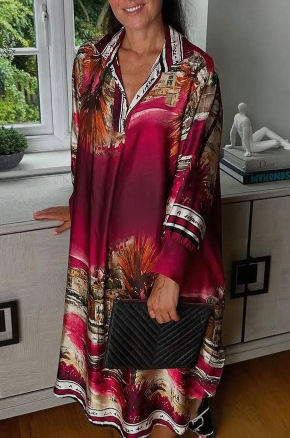 Damen nan Seidenoptik-Hemdkleid im Kaftanstil mit illustrativem Küstenprint Echo Archiv