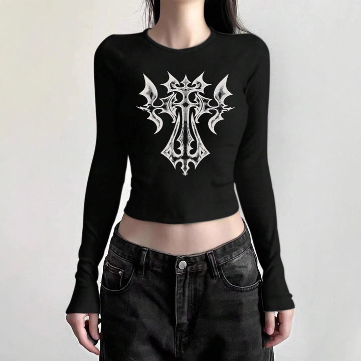 Damen figurbetontes langärmeliges Cropped-Shirt mit fotorealistischer Lippen-Collage und schmaler Passform – Avérine