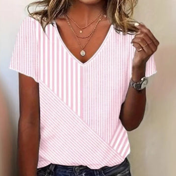 Damen nan gestreifte V-Ausschnitt-Bluse mit asymmetrischem Streifenmix und Kurzarm Echo Archiv