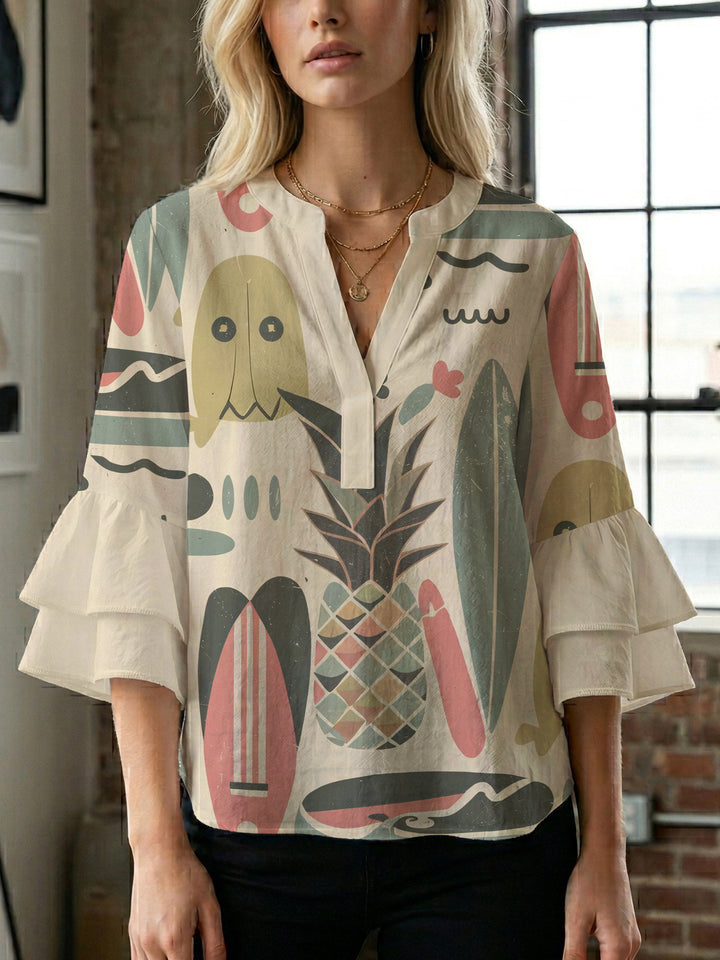 Damen Bluse mit voluminösen Rüschenärmeln und floralem Druck Echo Archiv