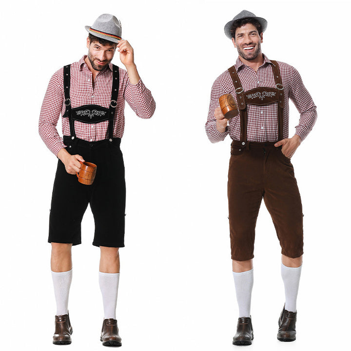 Herren nan kurze Trachtenlederhose in Veloursleder-Optik mit besticktem Brustlatz und verstellbaren Trägern Echo Archiv