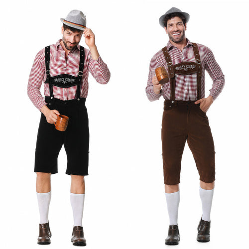 Herren nan kurze Trachtenlederhose in Veloursleder-Optik mit besticktem Brustlatz und verstellbaren Trägern Echo Archiv