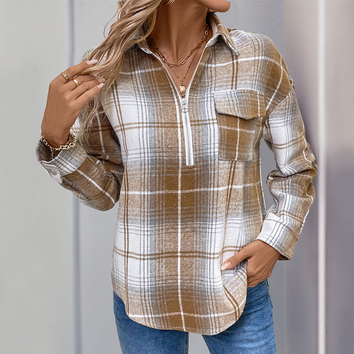 Damen Oversize-Karo-Halbzip-Hemdbluse aus Flanell mit aufgesetzter Brusttasche Echoarchiv
