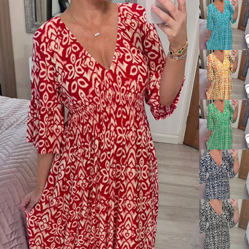 Damen Maxikleid mit V-Ausschnitt, gerafftem Taillenteil und Rüschendreiviertelärmeln – Valéora