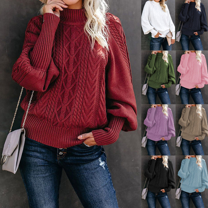 Damen nan Zopfmuster-Strickpullover mit Rollkragen und Ballonärmeln Echo Archiv