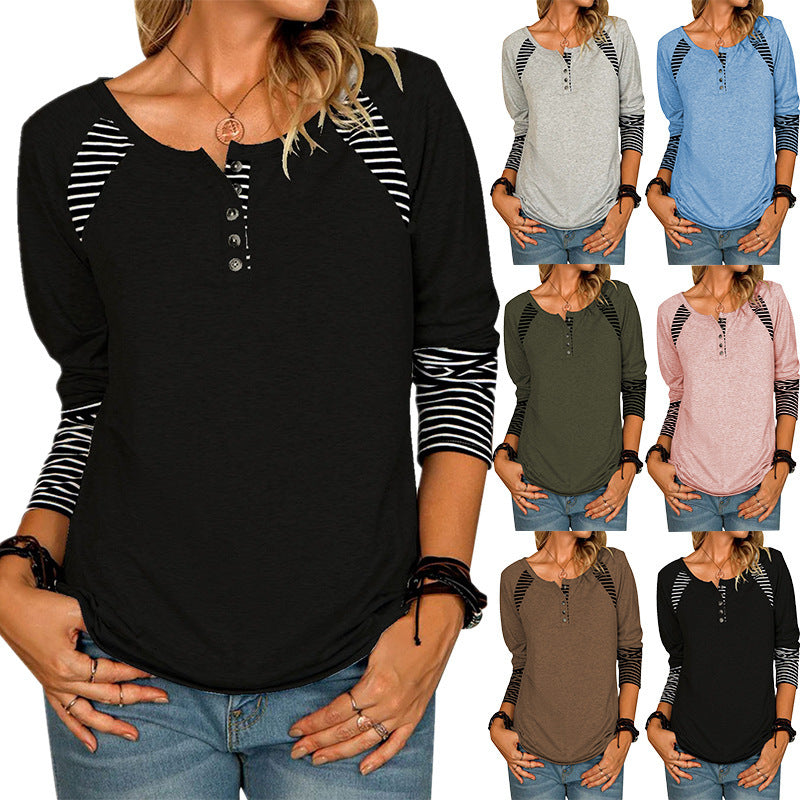 Damen Lässiges Raglan-Henley-Shirt mit Knopfleiste und gestreiften Ärmelbündchen – Orélia