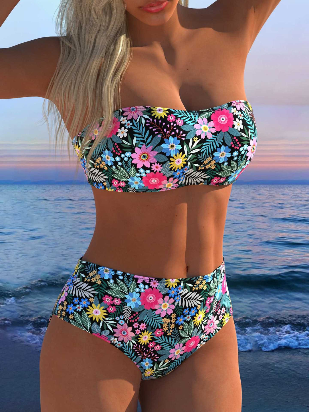 Damen Bandeau Bikini-Set mit tierischem Muster und hohem Taillenbund Echo Archiv