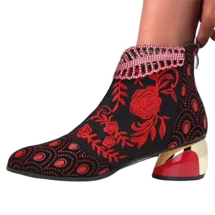 Damen nan bestickte Ankle-Boots mit Samteinsatz Perlenbesatz und skulptiertem Blockabsatz Echo Archiv