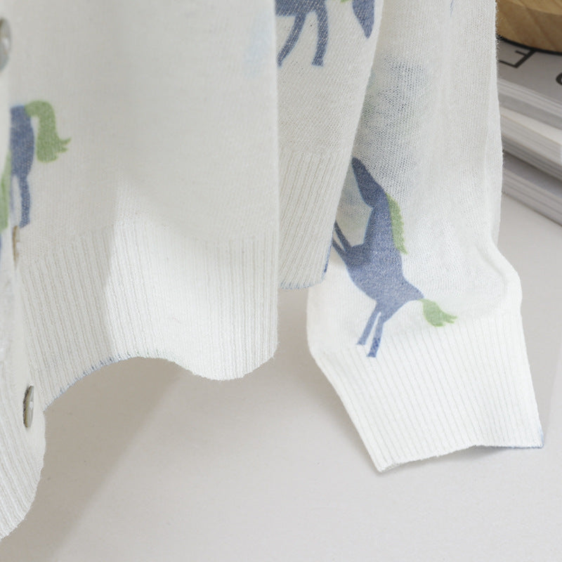Damen Fein gestrickter Knopfcardigan mit Pferde-Print und Rundhalsausschnitt Echo Archiv
