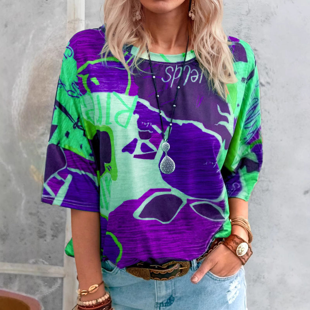Damen Lockere Viskose Druckbluse mit halblangen Ärmeln und Rundhalsausschnitt – Élovi