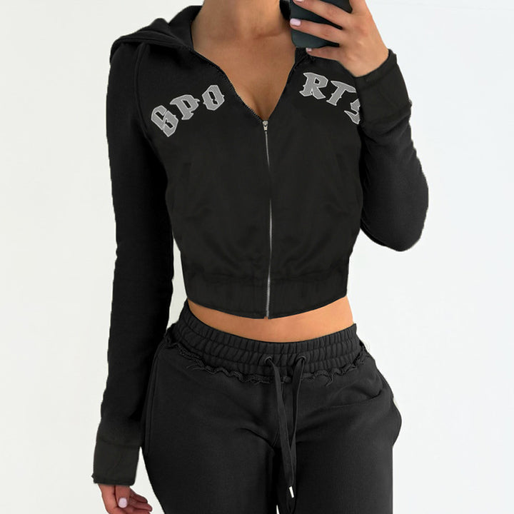 Damen nan taillierte Cropped-Kapuzenjacke mit durchgehendem Reißverschluss, elastischem Abschlussbund und dekorativem College-Print Echo Archiv
