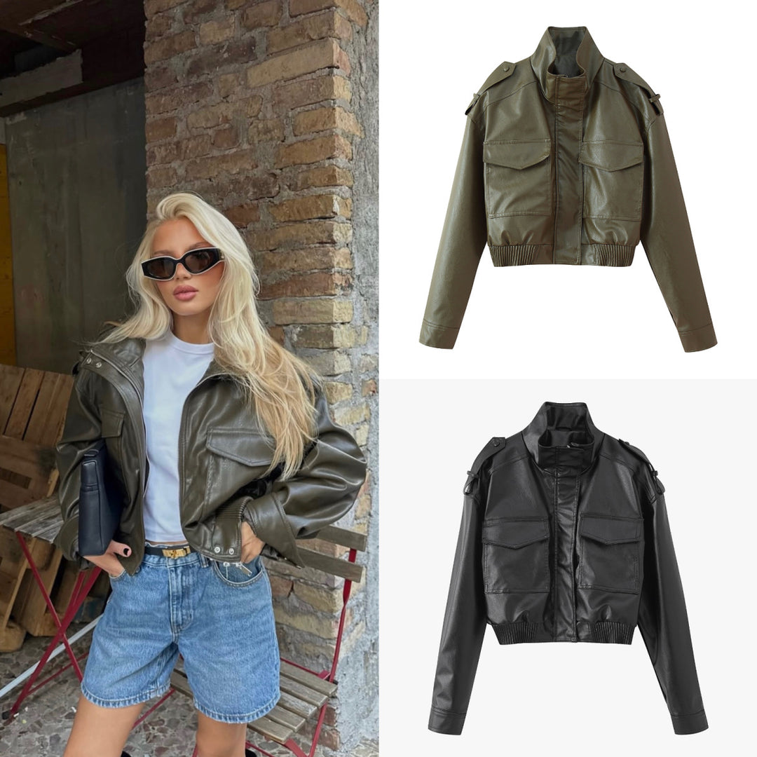 Damen Kurz geschnittene Blousonjacke aus Veganleder mit Schulterklappen und Pattentaschen Echo Archiv