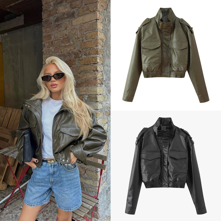 Damen Kurz geschnittene Blousonjacke aus Veganleder mit Schulterklappen und Pattentaschen Echo Archiv