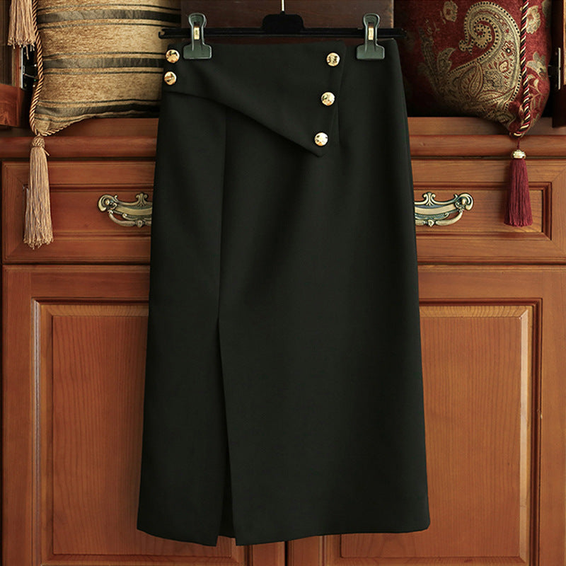 Damen Eleganter Midirock mit asymmetrischem Schnitt und Goldknöpfen Echoarchiv