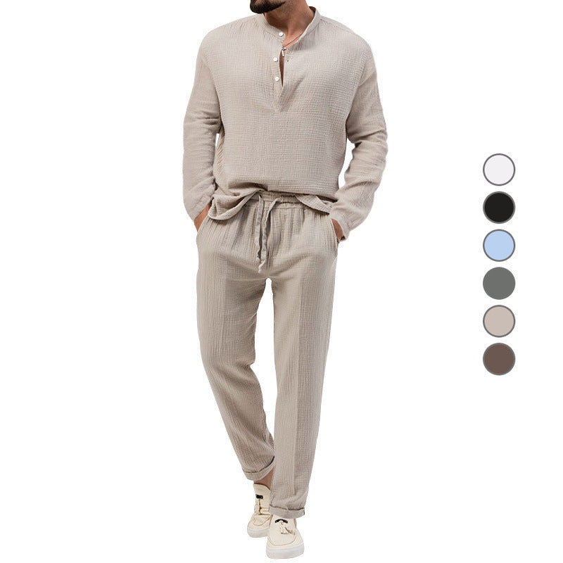 Herren Lässiges Zweiteiliges Lounge-Set aus Baumwoll-Gauze mit Henley-Oberteil und Tunnelzug-Hose Echoarchiv